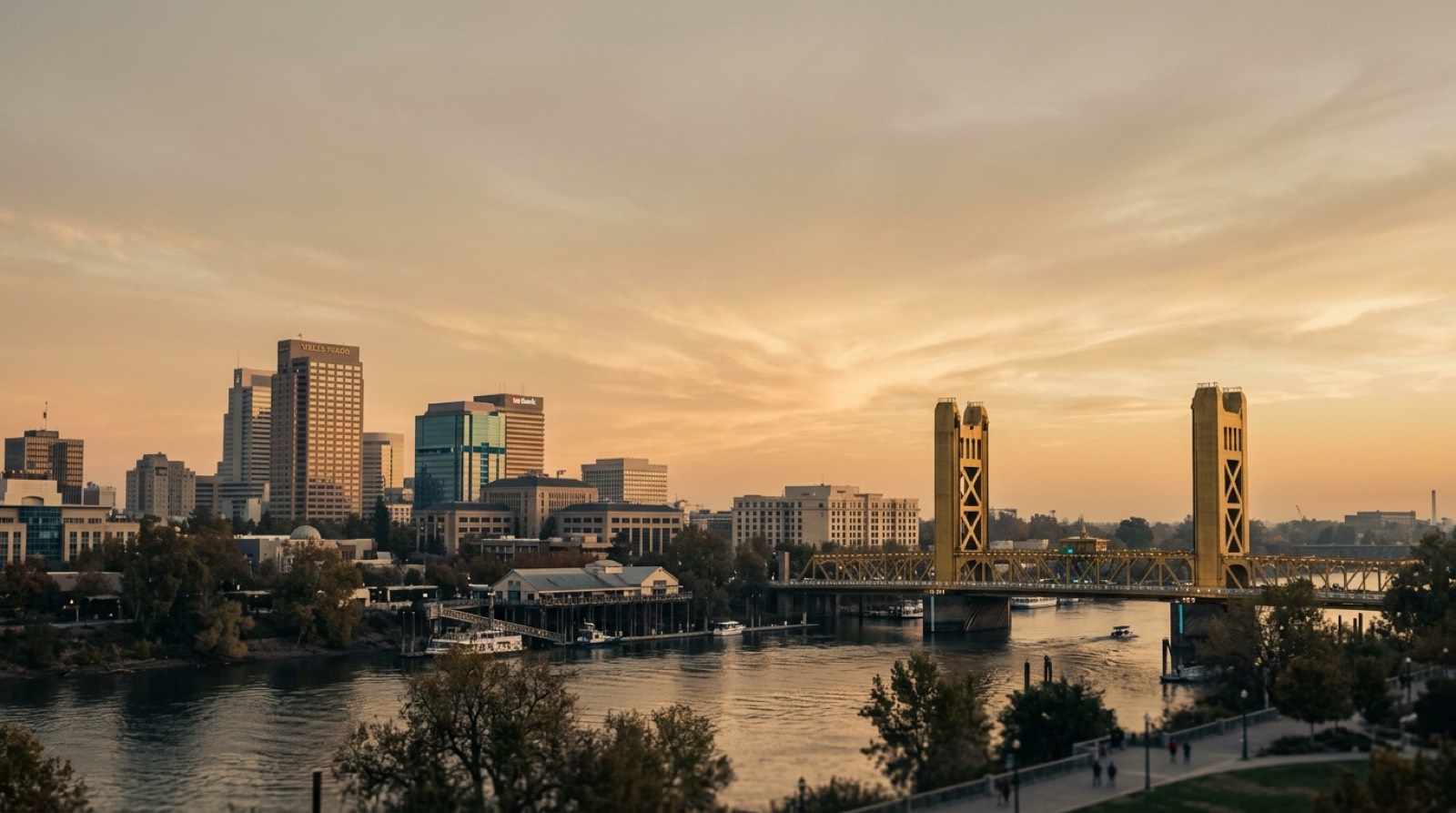 A city skyline at golden hour